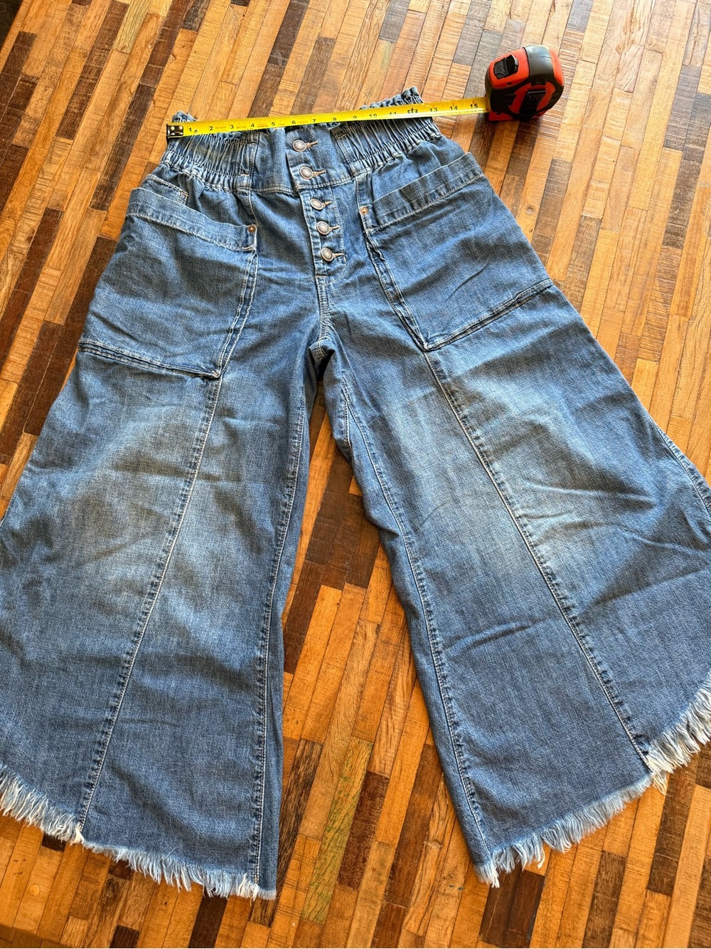 Free People Light Blue Wide-Leg Frayed Hem Button-Front Jeans